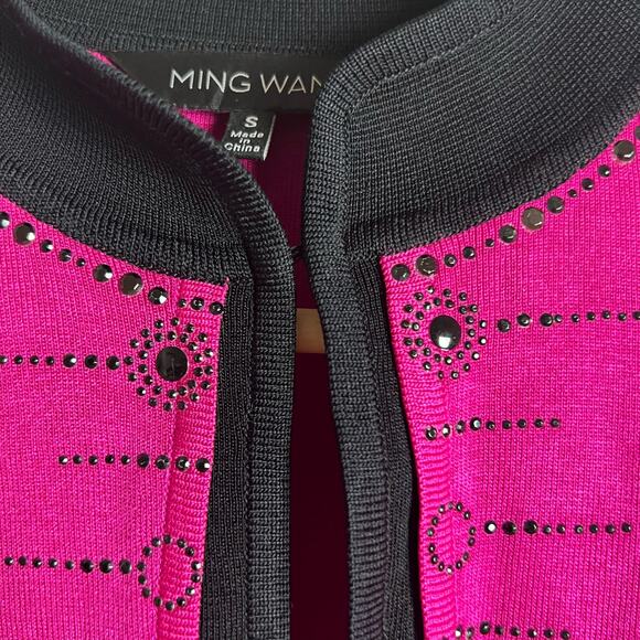 Ming Wang Magenta Pink Black Rhinestone Embellished Cardigan Sweater Size Small - Picture 11 of 11